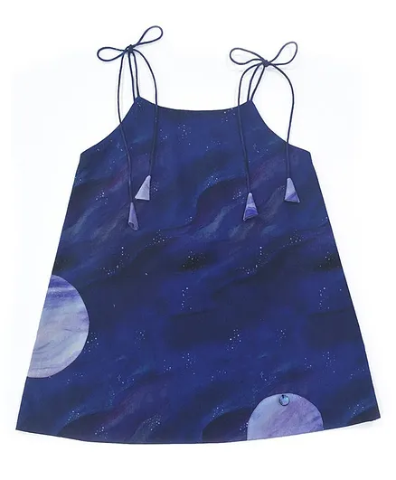 Miko Lolo Sleeveless Spaghetti Tie Up Style A Line Hand Painted Organic Cotton Dress - Dark Blue