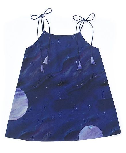 Miko Lolo Sleeveless Spaghetti Tie Up Style A Line Hand Painted Organic Cotton Dress - Dark Blue