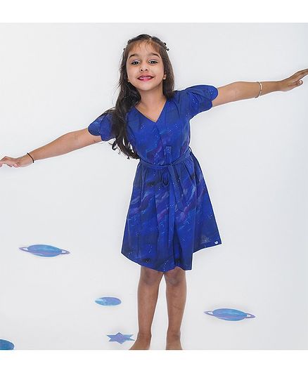 Miko Lolo Organic Cotton Short Sleeves Galaxy Print Dress - Blue