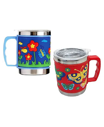 FunBlast Cute Cartoon Print Stainless Steel Mug Pack of 2 (Color and design may Vary) - 350 ml