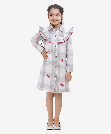 Fairies Forever Full Sleeves Shirt Style Checked Dress - Grey