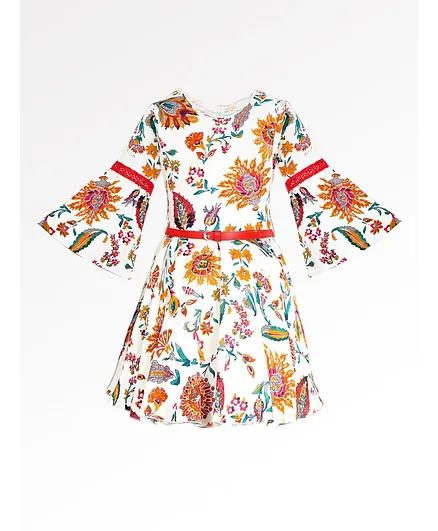 Naughty Ninos Three Fourth Sleeves Flower Printed Dress - White & Yellow