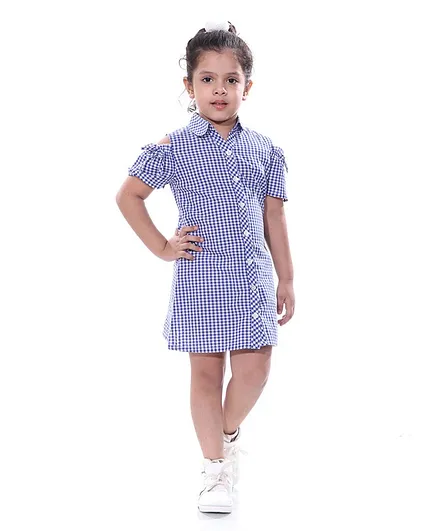 Naughty Ninos Checkered Half Sleeves Fit & Flared Dress - Blue