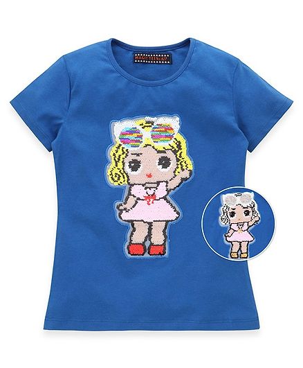 MAGIC TEES Half Sleeves Reversible Sequinned Doll Patch Tee - Blue