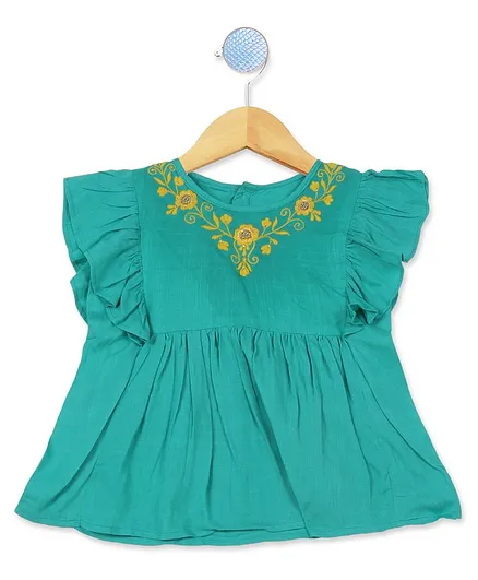 Knitting Doodles Short Sleeves Flower Embroidery Detailing Top - Sea Green