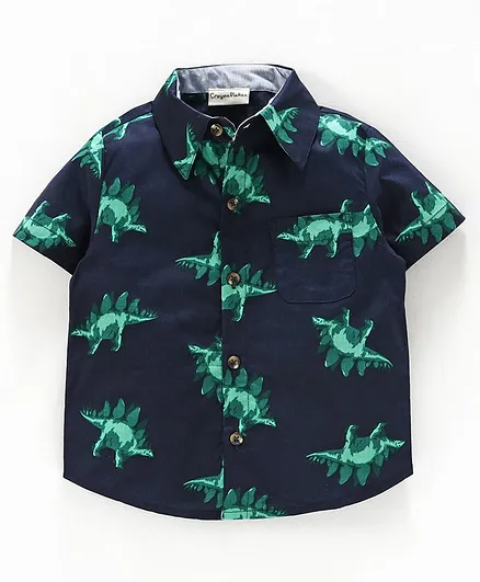 CrayonFlakes Dinosaurs Printed Half Sleeves Shirt - Navy Blue