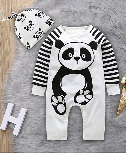 Kookie Kids Full sleeve Winter Wear Romper with Cap Panda Print - White