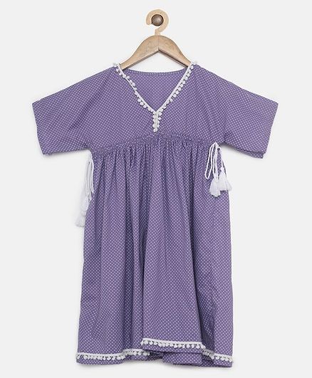 The Kaftan Company Dot Printed Half Sleeves Pom Pom Lace Detailed Dress - Violet