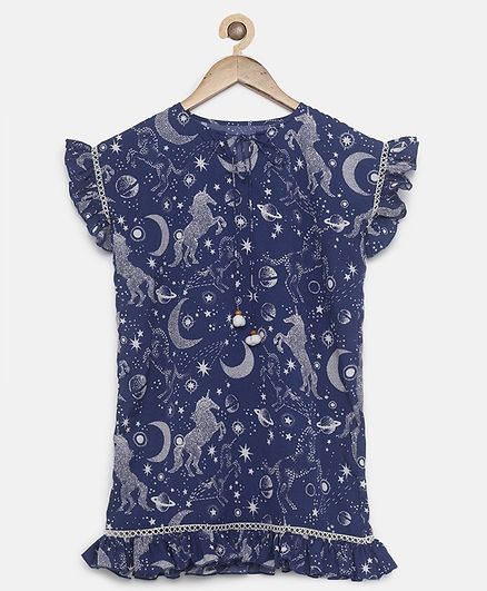 The Kaftan Company Short Sleeves Moon & Unicorn Printed Dress - Navy Blue
