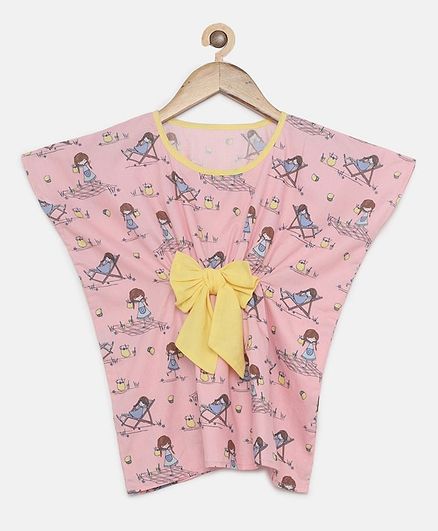 The Kaftan Company Short Sleeves Girl Print Kaftan Dress - Pink