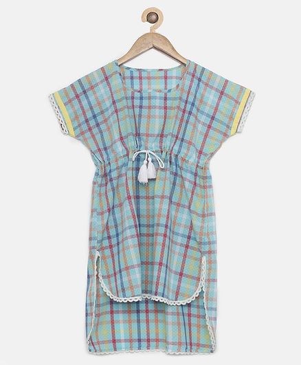 The Kaftan Company Short Sleeves Colourful Checkered Kaftan Dress - Light Blue