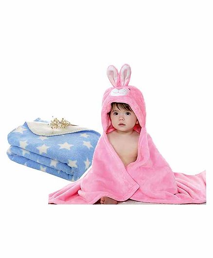My New Born All Season Hooded Baby Wrapper & Blanket Star Print Set of 2 - Pink & Blue