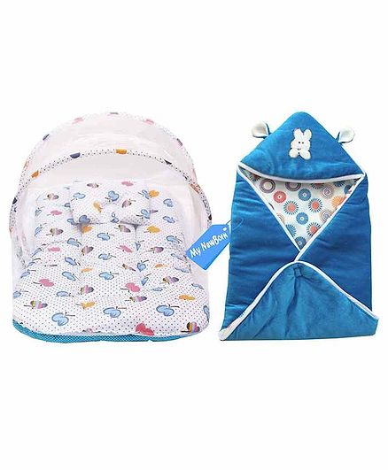 My New Born Baby Bedding Set with Mosquito Net & Hooded Wrapper - Blue