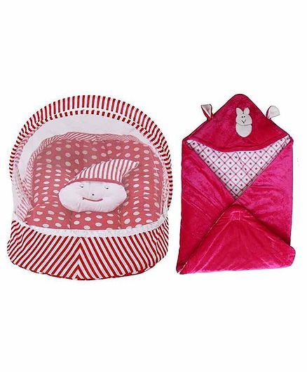 My New Born Baby Bedding Set with Mosquito Net & Hooded Wrapper - Red