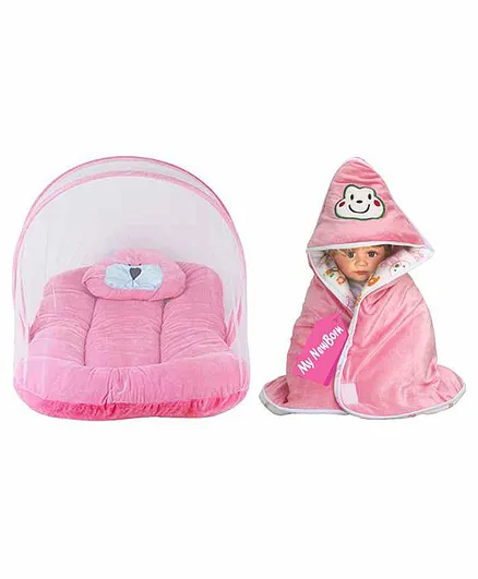 My New Born Baby Bedding Set with Mosquito Net & Hooded Wrapper - Pink