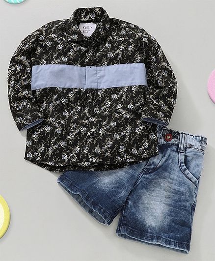 Knotty Kids Full Sleeves Flower Printed Shirt With Denim Shorts Combo - Black