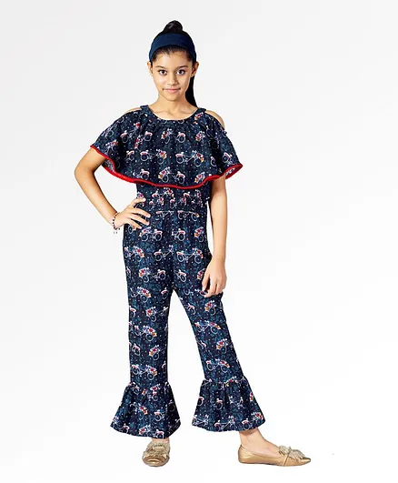 Naughty Ninos Half Sleeves Cycle Printed Cold Shoulder Jumpsuit - Navy Blue