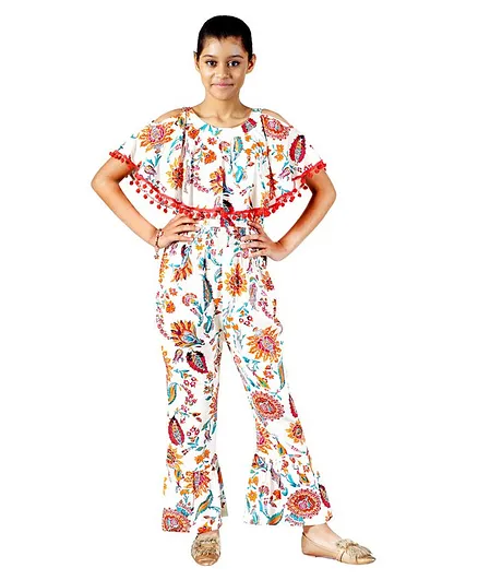Naughty Ninos Half Sleeves Flower Printed Cold Shoulder Jumpsuit - Off White