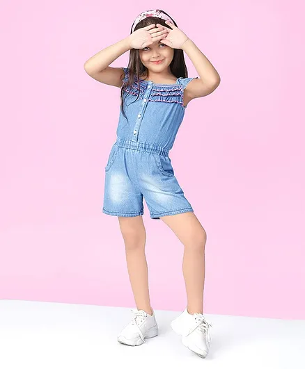 Naughty Ninos Solid Half Sleeves Denim Cold Shoulder Jumpsuit - Blue