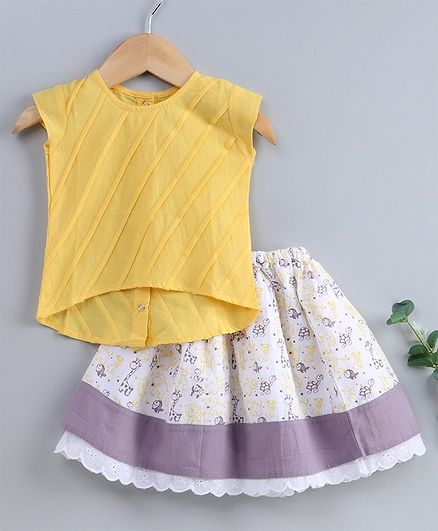 Keebee Organics Cotton Solid Sleeveless Top With Floor Length Skirt Set - Yellow & Grey