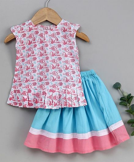 Keebee Organics Cotton Fish Print Sleeveless Top & Floor Length Skirt Set - Pink & Blue