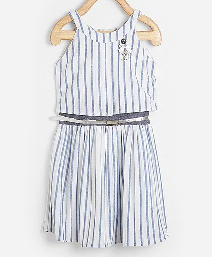Powderfly Sleeveless Striped Dress With Belt - Blue