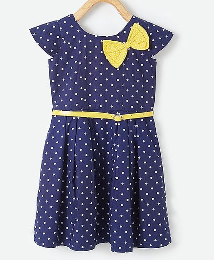 Powderfly Cap Sleeves Polka Dot Print Dress With Belt - Blue