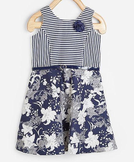 Powderfly Sleeveless Striped Flower Detailed Dress With Belt - Blue