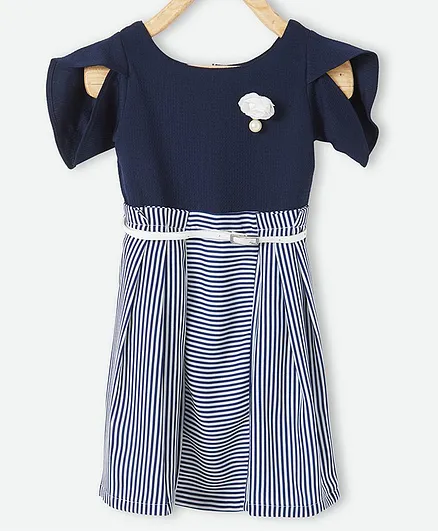 Powderfly Half Sleeves Striped Dress With Belt - Blue