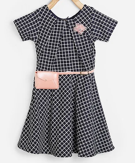 Powderfly Half Sleeves Checkered Dress With Belt- Blue