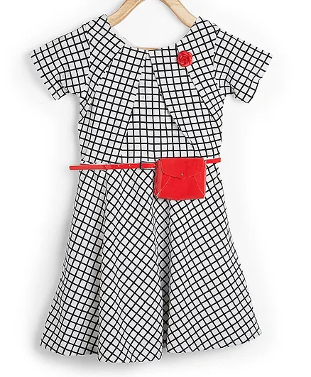 Powderfly Half Sleeves Checkered Dress With Belt- White