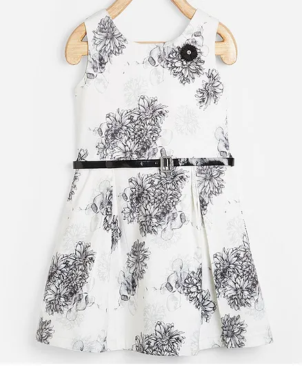 Powderfly Sleeveless Flower Printed Dress With Belt - White