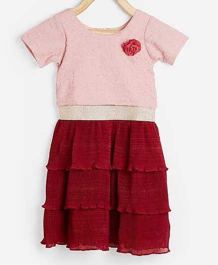 Powderfly Half Sleeves Flower Applique Layered Dress - Red & Pink