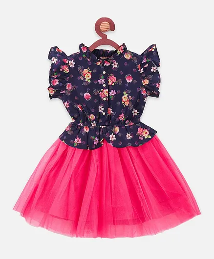 Lilpicks Couture Floral Print Short Sleeves Tulle Dress - Navy & Dark Pink