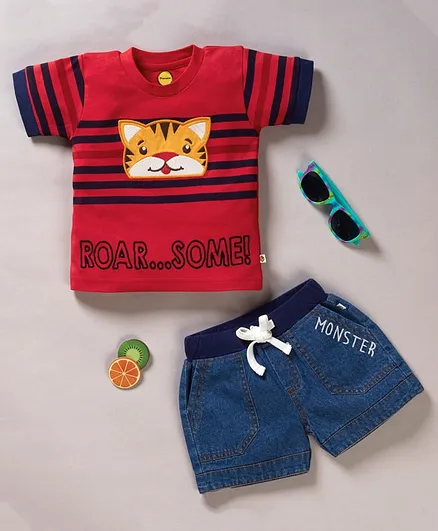Pranava Organic Cotton Short Sleeves Tiger Patch Tee With Shorts - Red