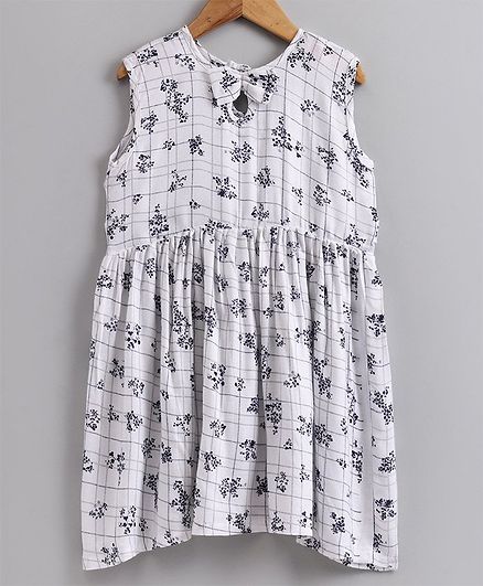 Little LABS Bow With Black Flower Print Sleeveless Dress - White