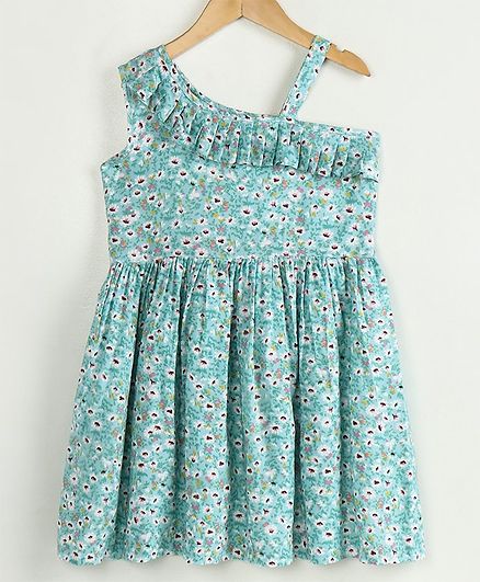 Little LABS One Shoulder Flower Print Sleeveless Dress - Blue