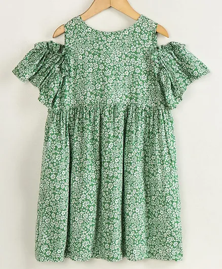 Little LABS Flower Print Half Sleeves Dress - Green