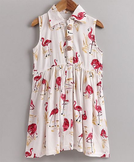 Little LABS Flamingo Print Front Open Frock - Off White