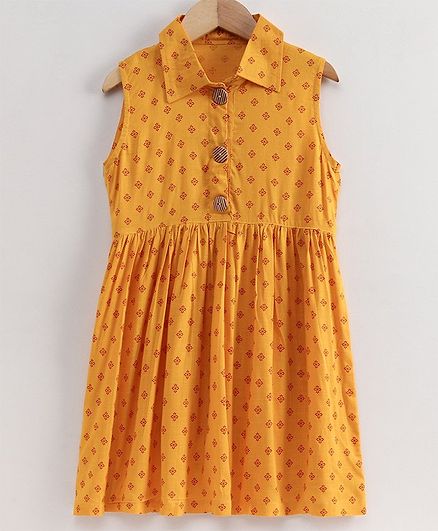 Little LABS Block Print Sleeveless Front Open Frock - Yellow