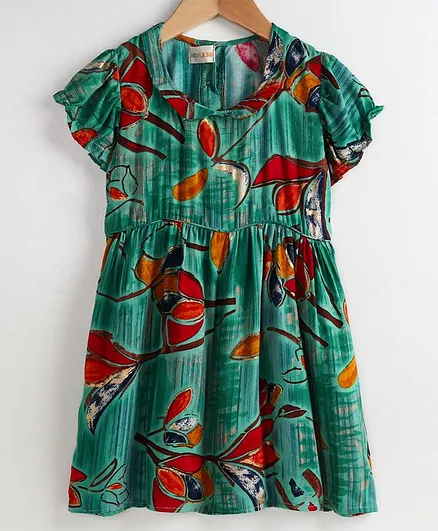 Little LABS Leaves Print Cap Sleeves Dress - Green