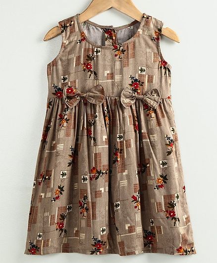 Little LABS Front Bow Sleeveless Flower Print Dress - Brown