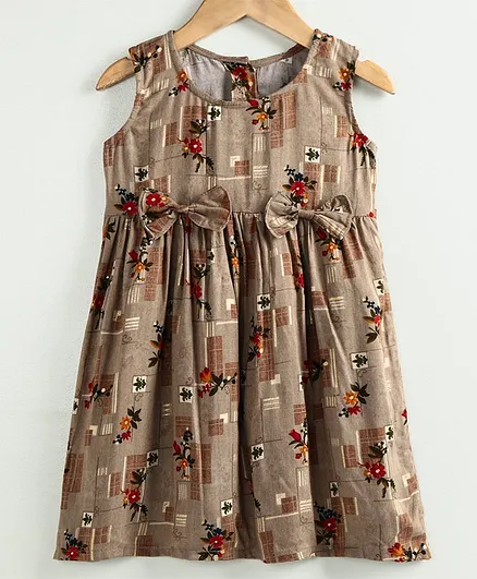 Little LABS Front Bow Sleeveless Flower Print Dress - Brown