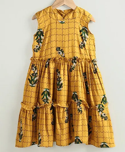 Little LABS Checked Sleeveless Floral Print Dress - Yellow