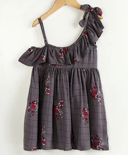 Little LABS Open Shoulder Floral Print Sleeveless Dress - Grey
