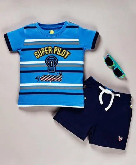 Pranava Organic Cotton Half Sleeves Striped Half Sleeves Tee & Shorts Set - Blue
