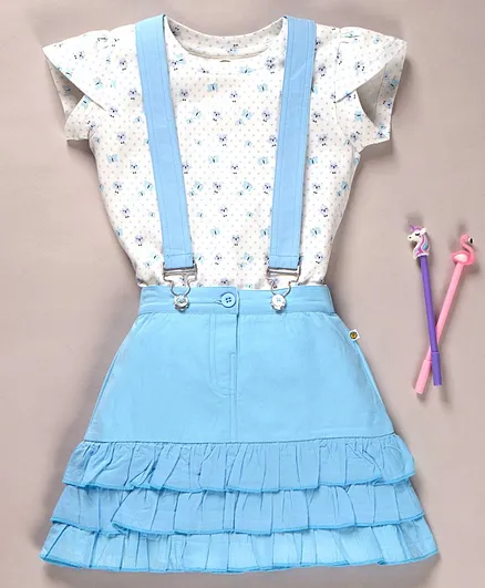 Pranava Organic Cotton Short Sleeves Butterfly Printed Top & Layered Skirt With Detachable Suspenders - White & Sky Blue