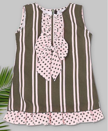 oui oui Green Sleeveelss Frill Detailed Stripes Dress - Green