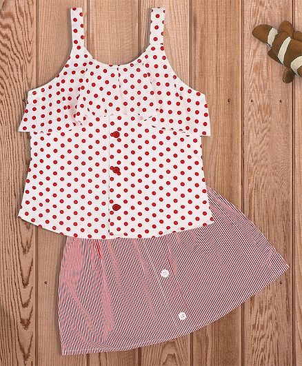 oui oui Sleeveless Polka Dot Print Top With Skirt - Red