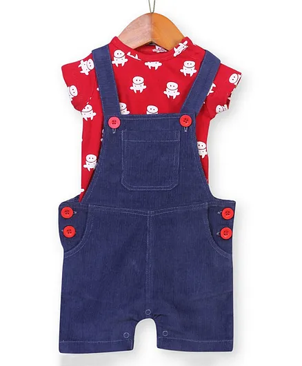 Nino Bambino Organic Cotton Cow Face Printed Half Sleeves Tee & Dungaree Set - Blue & Red